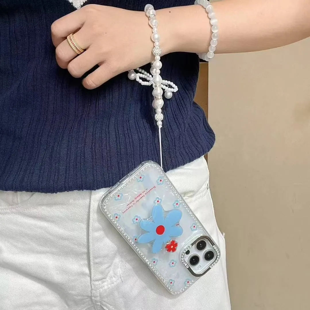 闪钻贝壳纹花朵旋转支架iPhone16/15手机壳适用苹果14/13promax硬壳12链条挂绳高级感小众日韩ins风新款