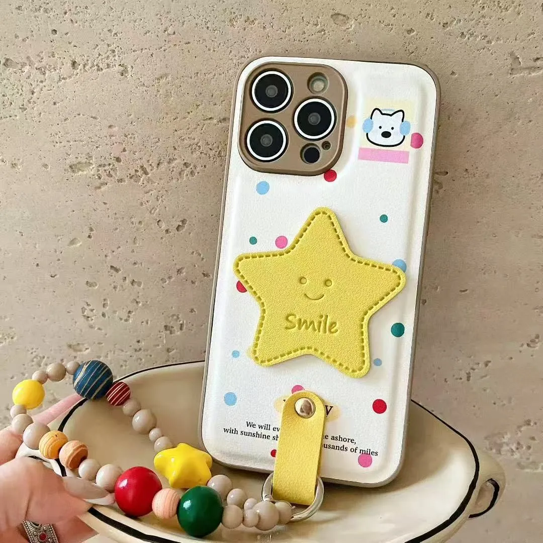 立体黄星星适用苹果16promax手机壳新款iPhone15pro带手链斜跨16plus保护套时尚ins风韩系皮纹十六个性情侣 - 图片 3