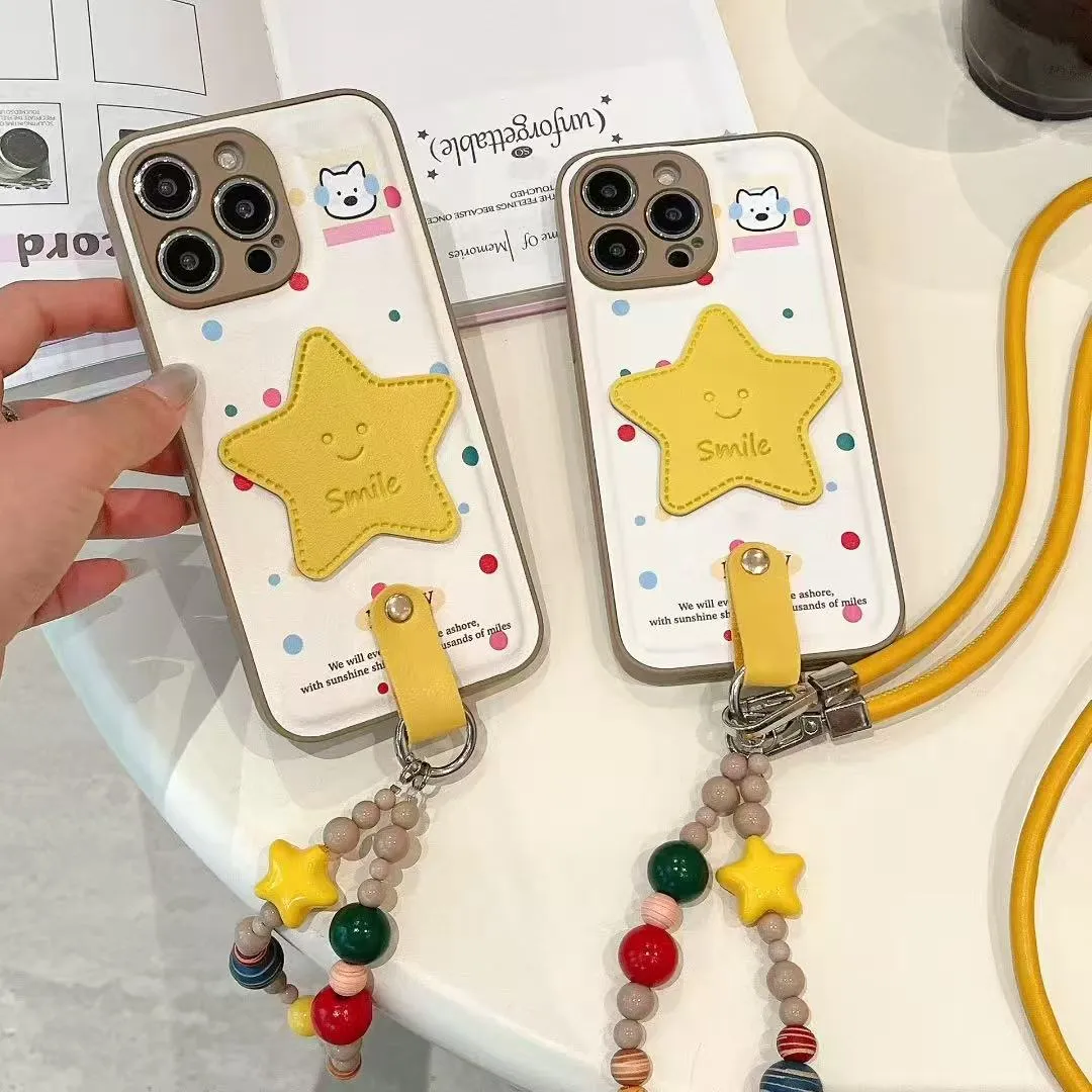 立体黄星星适用苹果16promax手机壳新款iPhone15pro带手链斜跨16plus保护套时尚ins风韩系皮纹十六个性情侣 - 图片 5