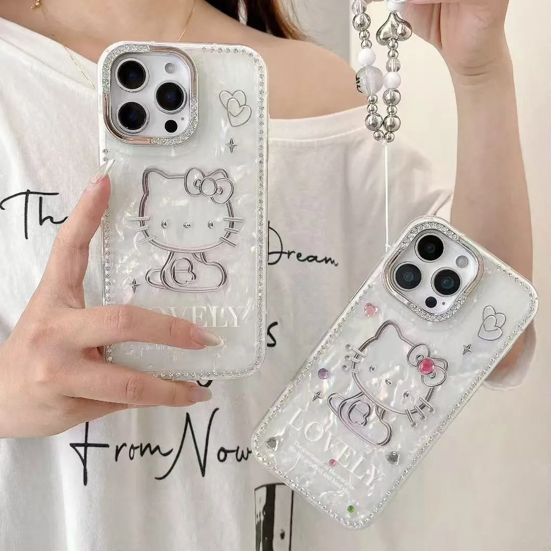 奢华高级感点钻贝壳纹KT猫适用于苹果16promax手机壳iphone15保护套14闪钻13防摔新款15pro可爱max手机套网红 - 图片 3