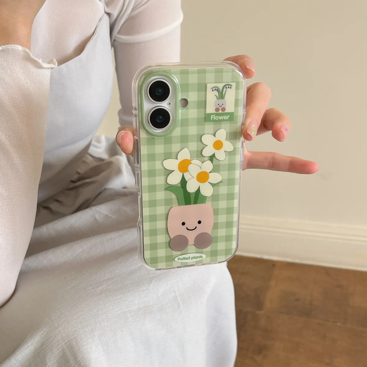 气垫IMD绿格子盆栽适用苹果16promax手机壳卡通iphone13新款14pro防摔15ProMax女16pro可爱14/13Pro全包 - 图片 8