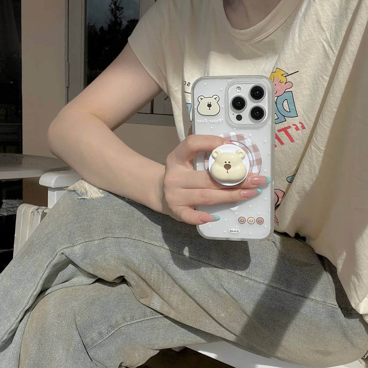 波点熊+磁吸立体格子熊支架适用苹果15Promax手机壳可爱卡通创意iPhone14网红2025超火女款16Promax全包保护套 - 图片 2