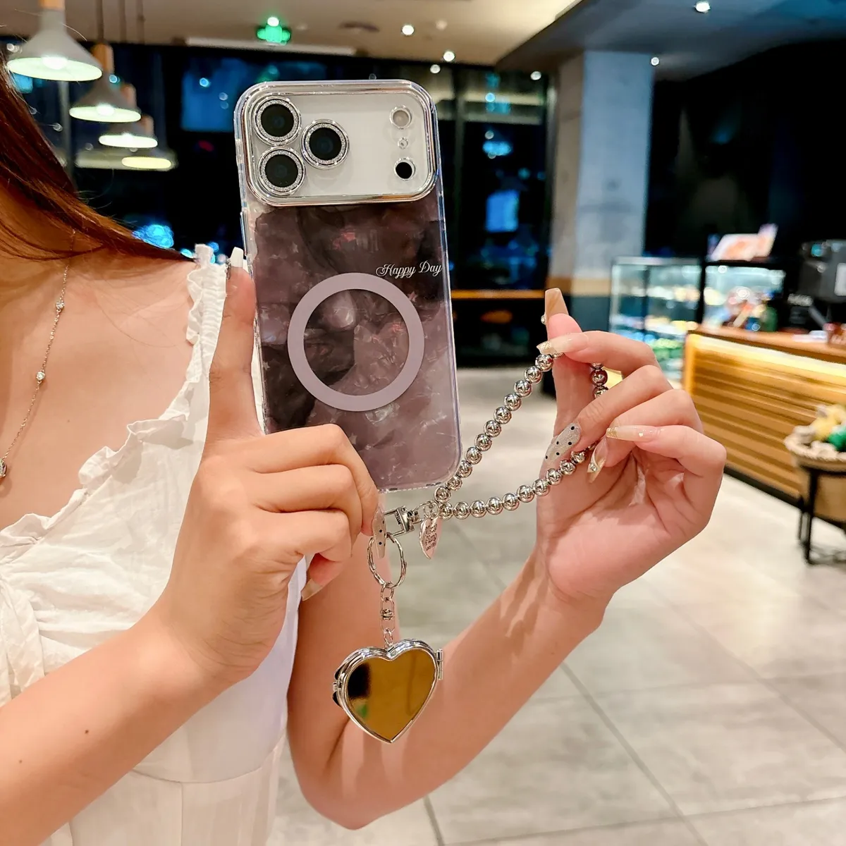 适用苹果系列iPhone17新款手机壳17pro16promax时尚贝壳纹磁吸14pro15promax银灰色闪粉镜头保护套 - 图片 4