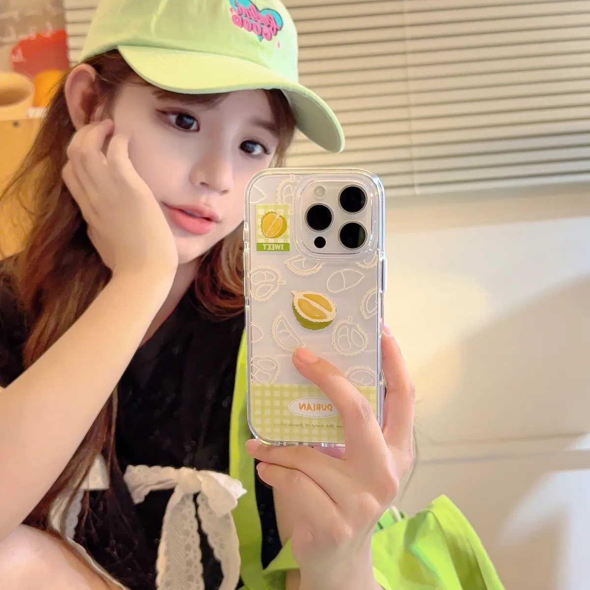 韩国ins绿色格纹榴莲椰子适用16pro苹果15ProMax手机壳iPhone14全包新款13保护套简约 - 图片 2