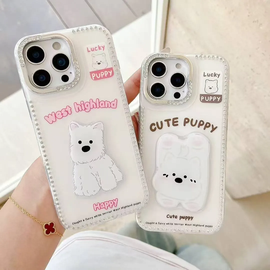 闪钻框立体贴片卡通白色小狗适用苹果16手机壳iphone15pro新款14创意13女16promax全包12防摔手机套创意个性 - 图片 5