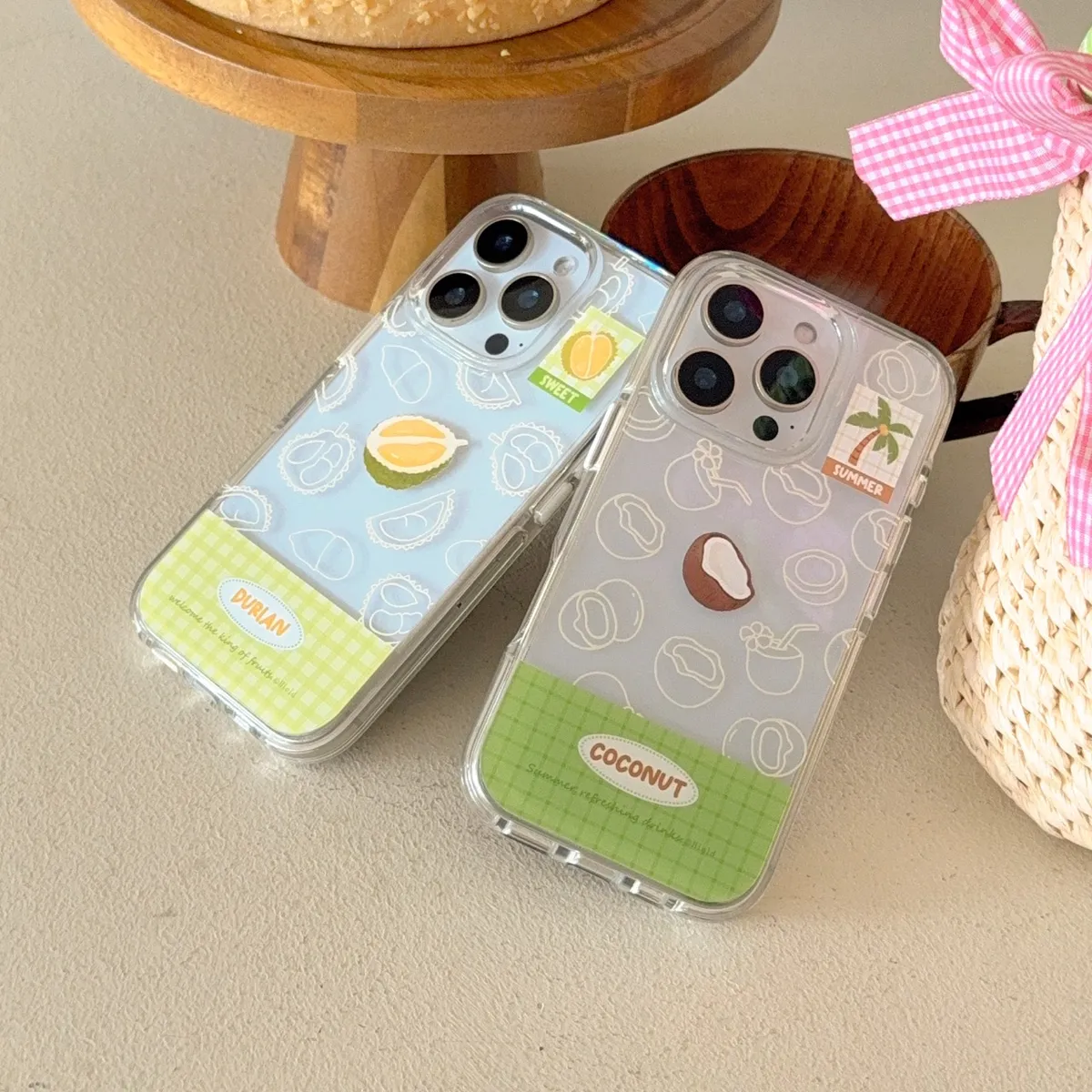 韩国ins绿色格纹榴莲椰子适用16pro苹果15ProMax手机壳iPhone14全包新款13保护套简约 - 图片 9
