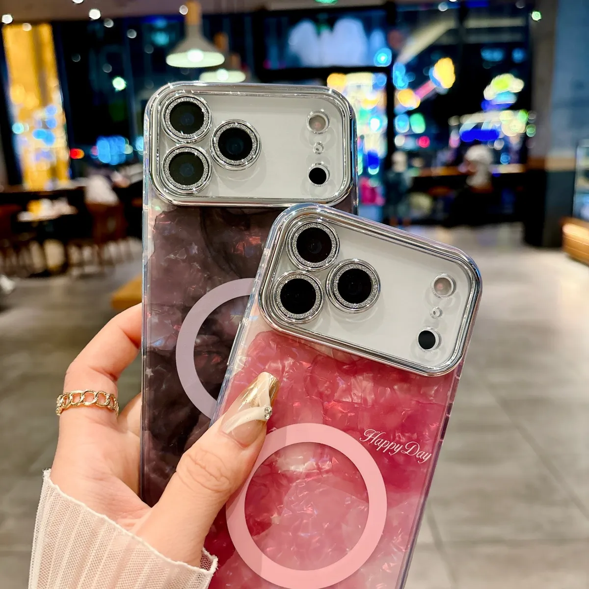 适用苹果系列iPhone17新款手机壳17pro16promax时尚贝壳纹磁吸14pro15promax银灰色闪粉镜头保护套 - 图片 2
