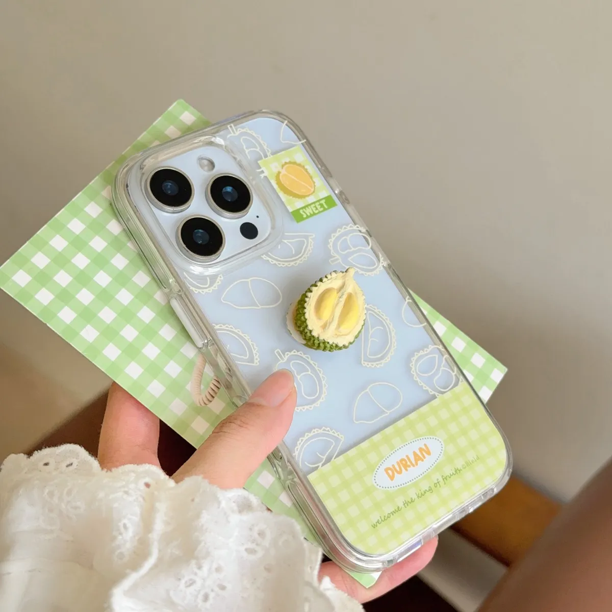 绿色格纹榴莲椰子适用苹果16promax手机壳iphone15小众14pro新款全包软壳13防摔保护套 - 图片 9