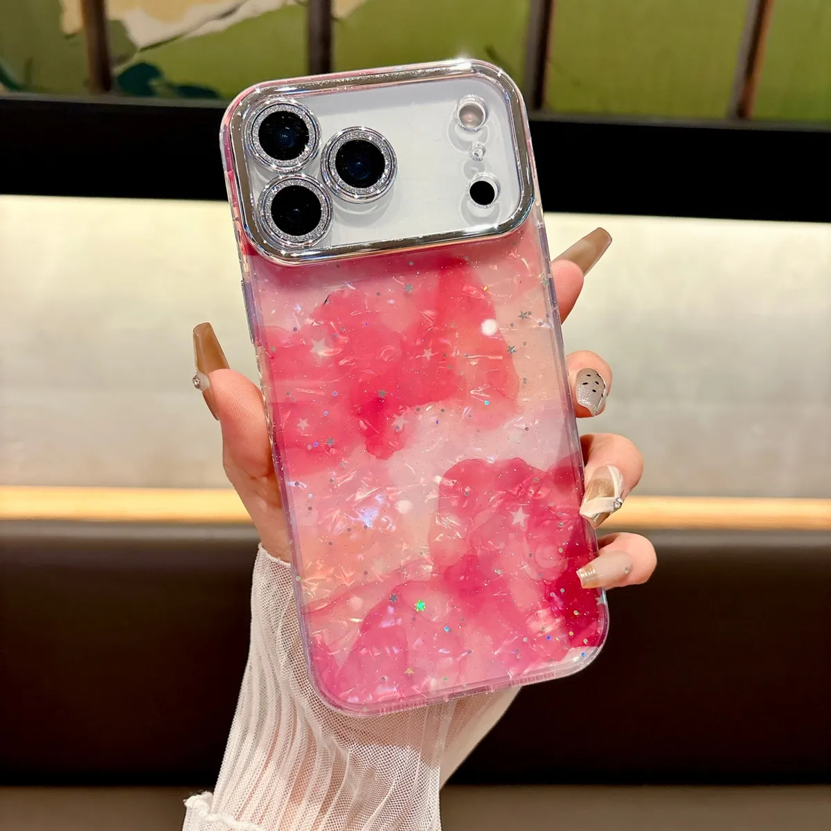 适用苹果系列iPhone17新款手机壳17pro16promax高级晕染理石纹14pro15promax银灰色闪粉镜头保护套