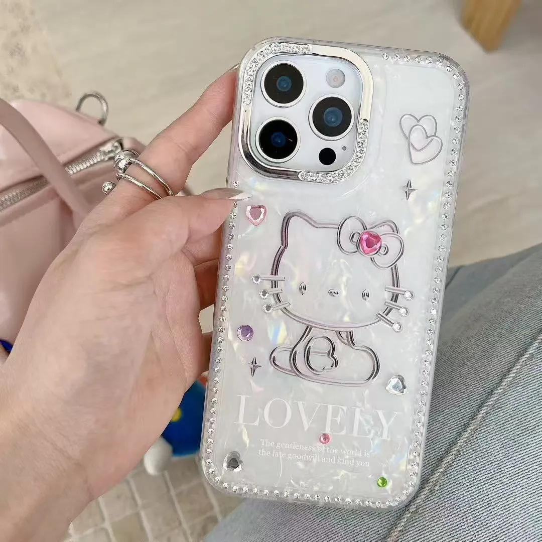 奢华高级感点钻贝壳纹KT猫适用于苹果16promax手机壳iphone15保护套14闪钻13防摔新款15pro可爱max手机套网红 - 图片 2
