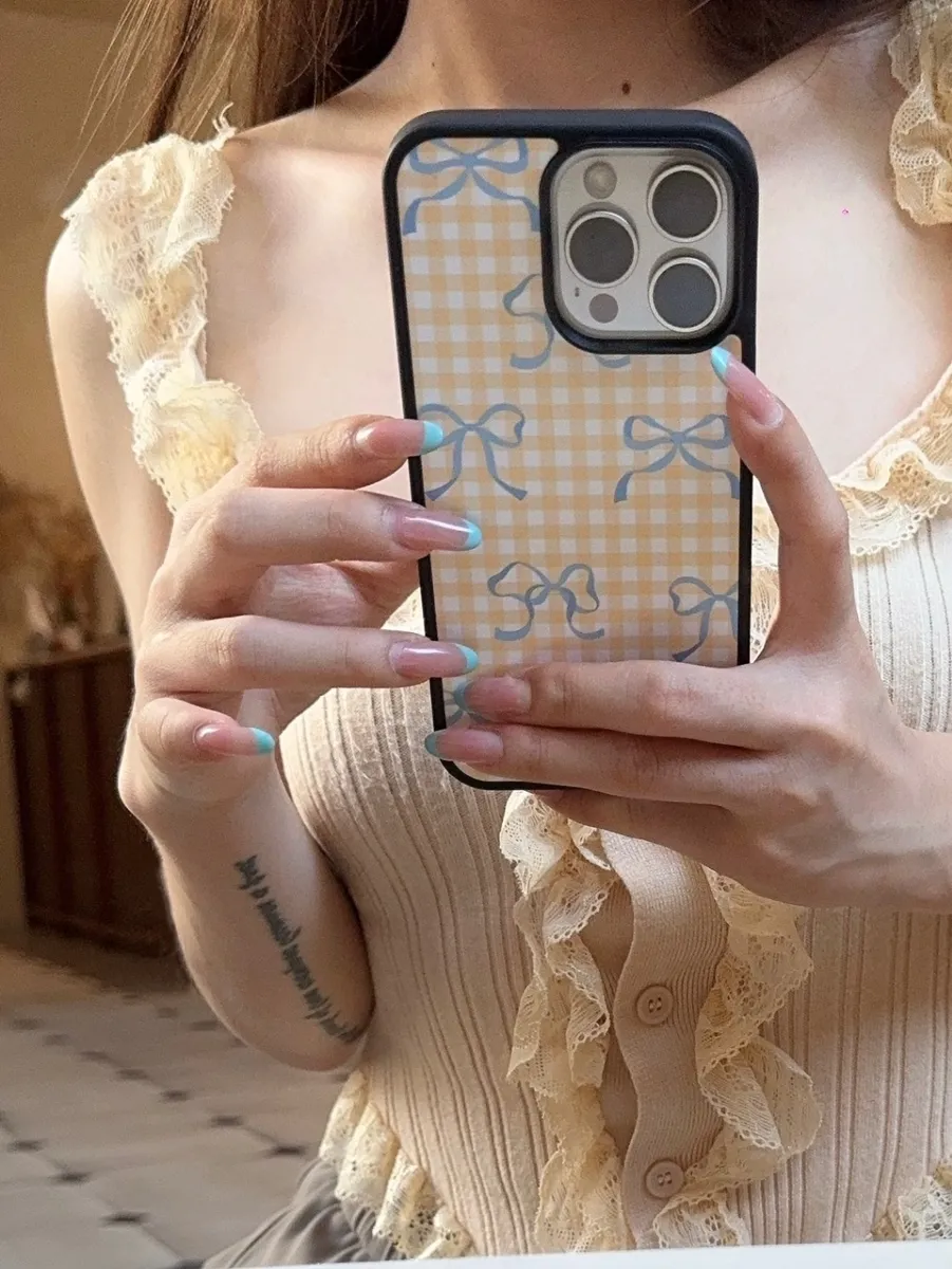 黑边黄白格蓝蝴蝶结适用于苹果16ProMax手机壳韩风小众少女心iPhone15新款简约高级感13ProMax防摔保护套 - 图片 9