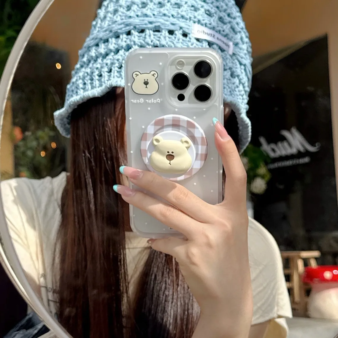 波点熊+磁吸立体格子熊支架适用苹果15Promax手机壳可爱卡通创意iPhone14网红2025超火女款16Promax全包保护套 - 图片 4