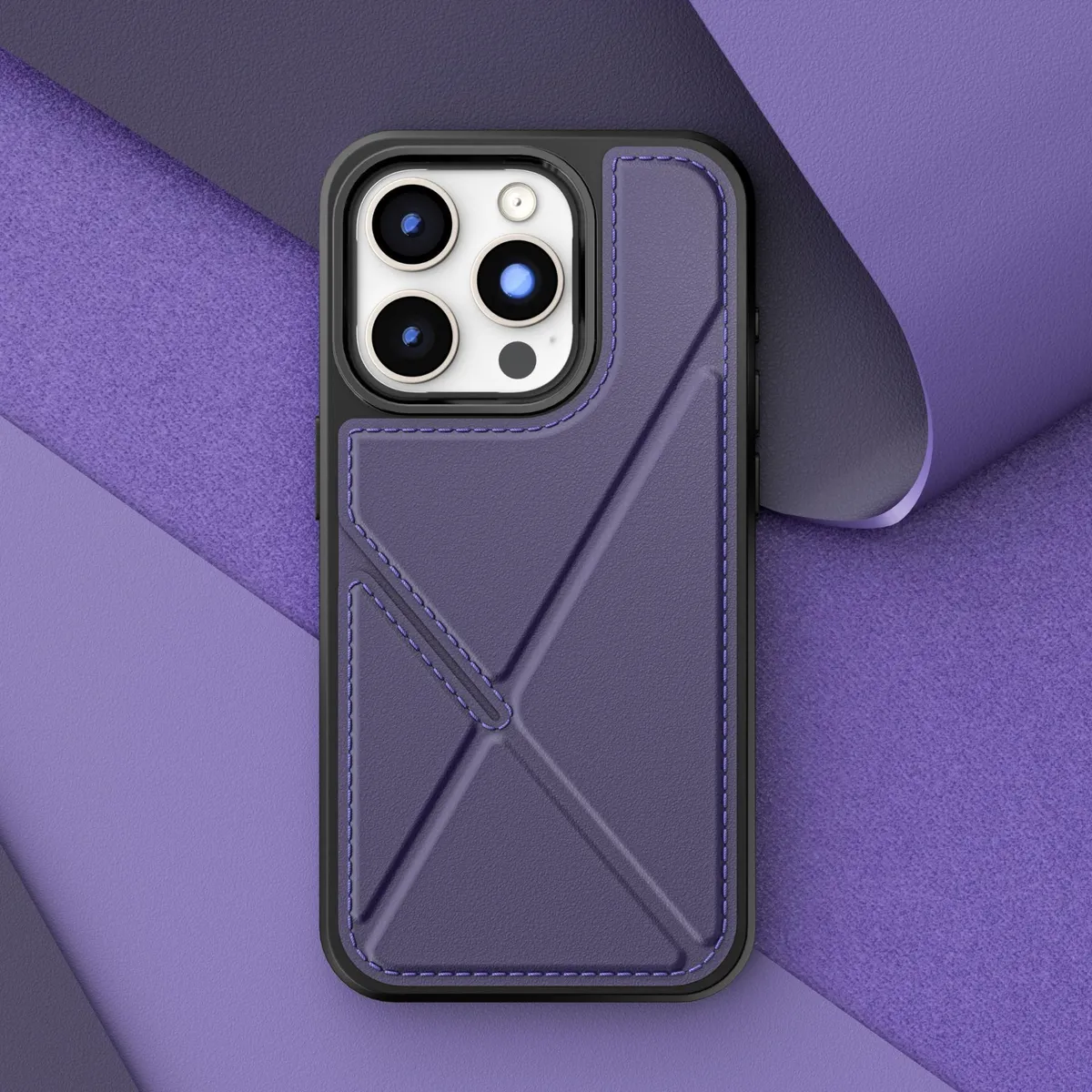 折叠支架插卡包皮套适用iPhone16Promax皮纹手机壳苹果15PROMAX简约防摔14pm可插公交地铁卡ip13皮革12保护套 - 图片 9