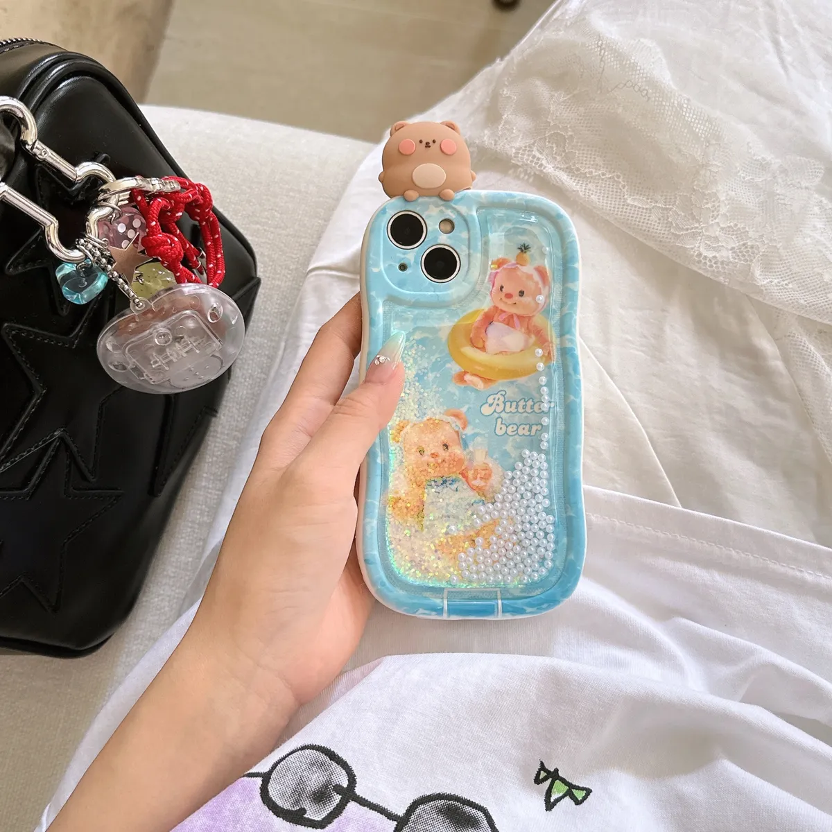 适用iphone14promax手机壳苹果13流沙小熊ins趴趴熊12可爱唯美13pro max手机套15女款11网红卡通14plus防摔16保护套 - 图片 9