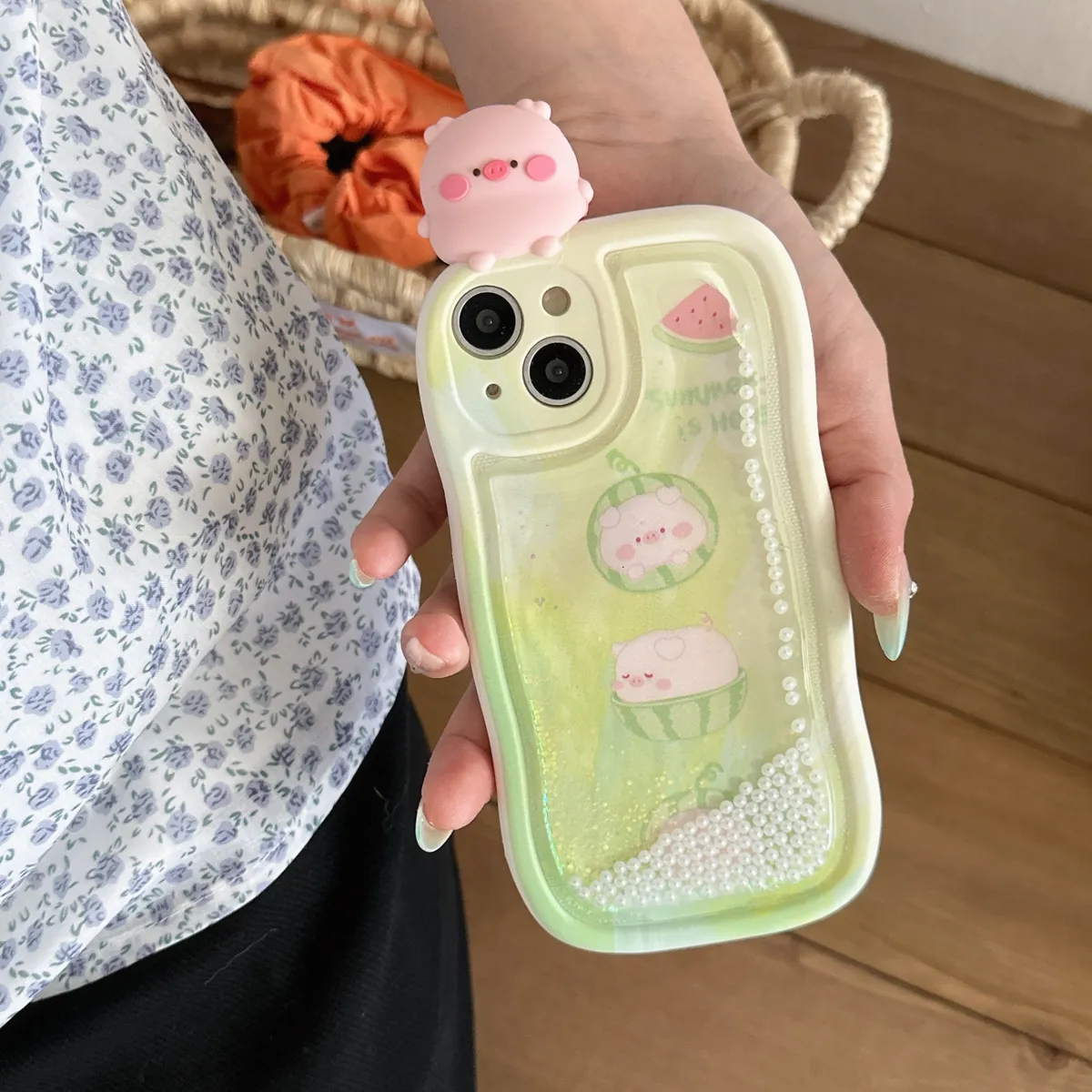 适用iphone14promax手机壳苹果13趴趴流沙绿底西瓜粉色小猪ins可爱唯美13pro max手机套15女款网红卡通14plus防摔16保护套 - 图片 2