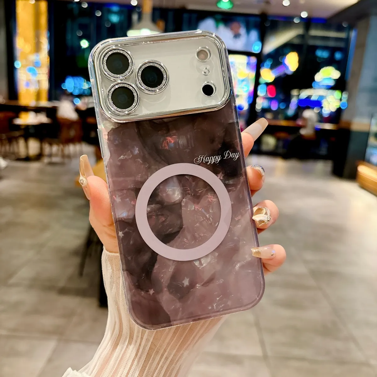 适用苹果系列iPhone17新款手机壳17pro16promax时尚贝壳纹磁吸14pro15promax银灰色闪粉镜头保护套 - 图片 5