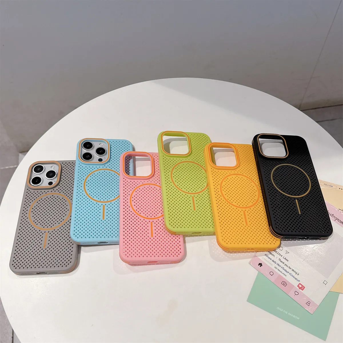 新款柔润撞色适用iPhone16ProMax手机壳夏日多孔散热苹果15pro无线细圈磁吸14潮流时尚13/12p男女创意保护套