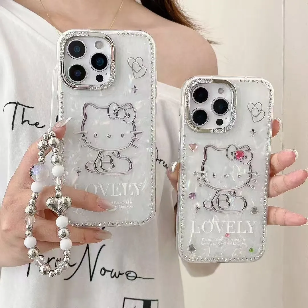 奢华高级感点钻贝壳纹KT猫适用于苹果16promax手机壳iphone15保护套14闪钻13防摔新款15pro可爱max手机套网红 - 图片 6