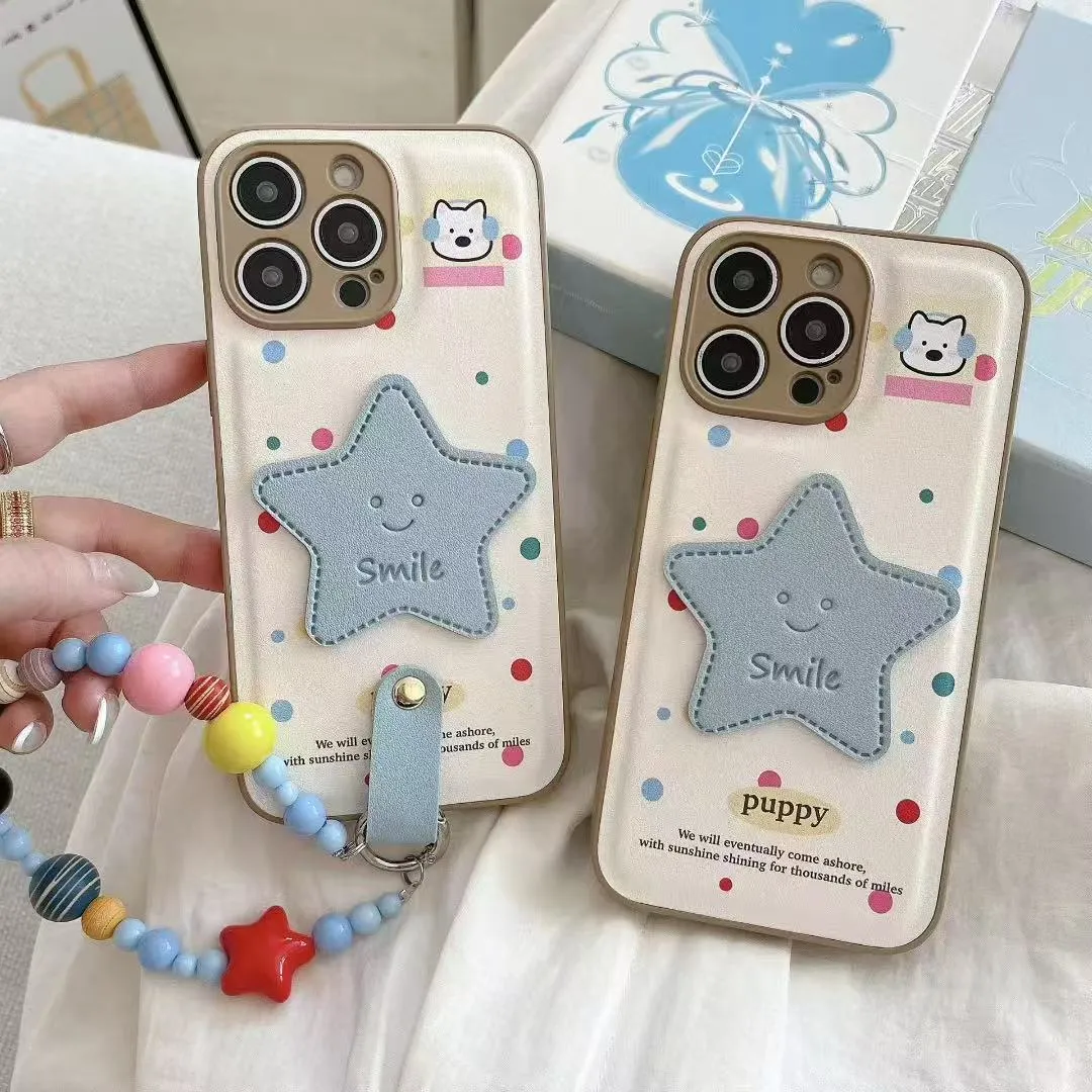 立体蓝星星适用苹果16promax手机壳新款iPhone15pro带手链斜跨16plus保护套时尚ins风韩系皮纹十六个性情侣 - 图片 3