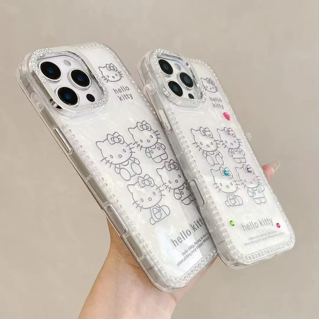 奢华高级感点钻贝壳纹四只猫适用于苹果16promax手机壳iphone15保护套14闪钻13防摔新款15pro可爱max手机套网红 - 图片 2