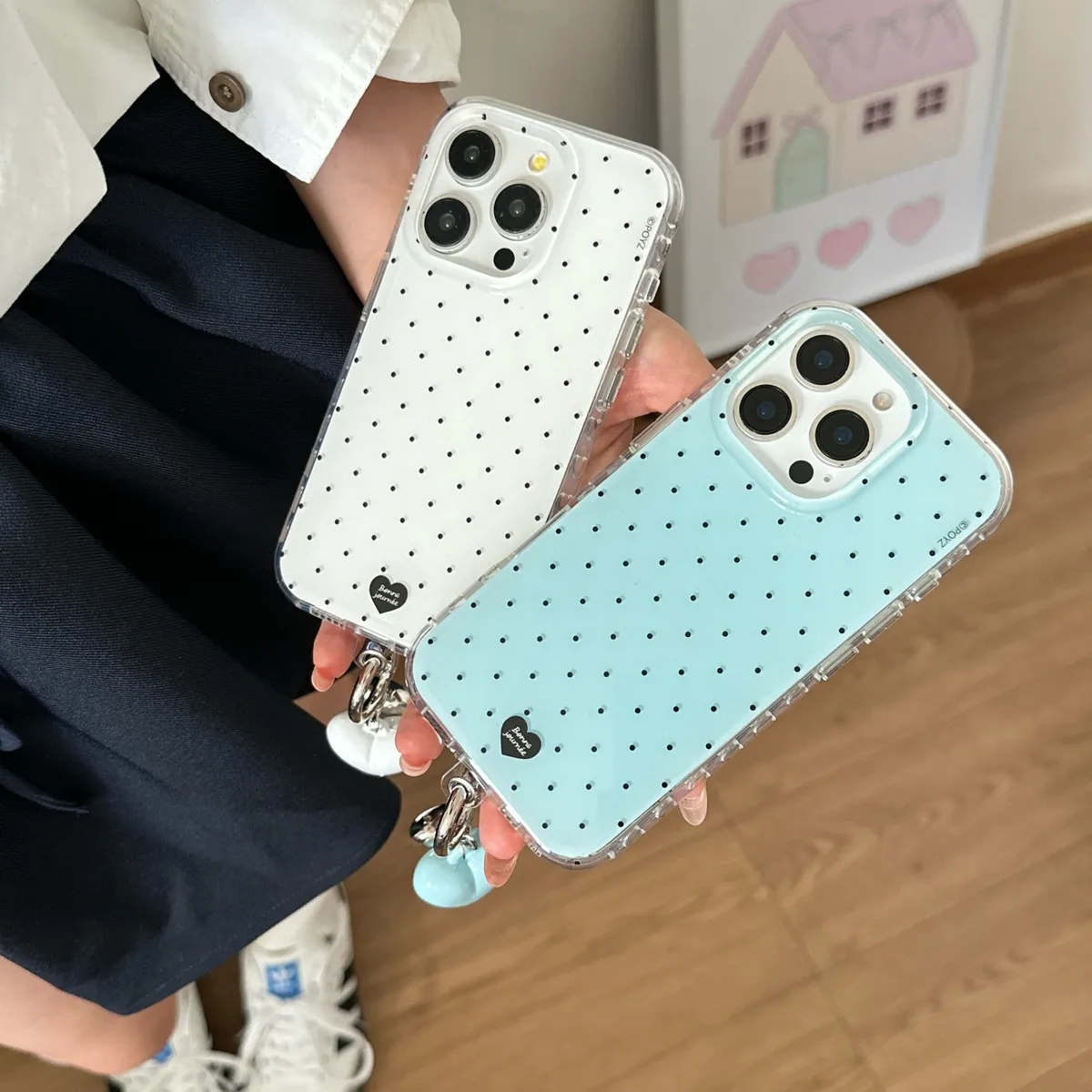 纯色波点爱心吊坠适用于苹果16/15/14/13/promax手机壳iphone16promax可爱卡通 - 图片 4