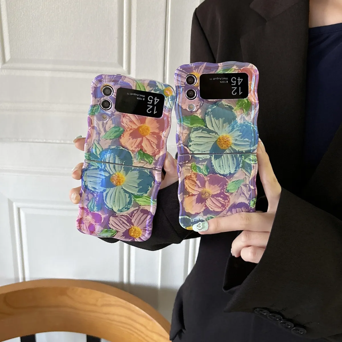 适用于三星Zflip6手机壳创意zflip5折叠屏zflip3防摔ZFLIP4防摔保护套女款三星上下折叠蓝光油画绿蓝花朵 - 图片 2