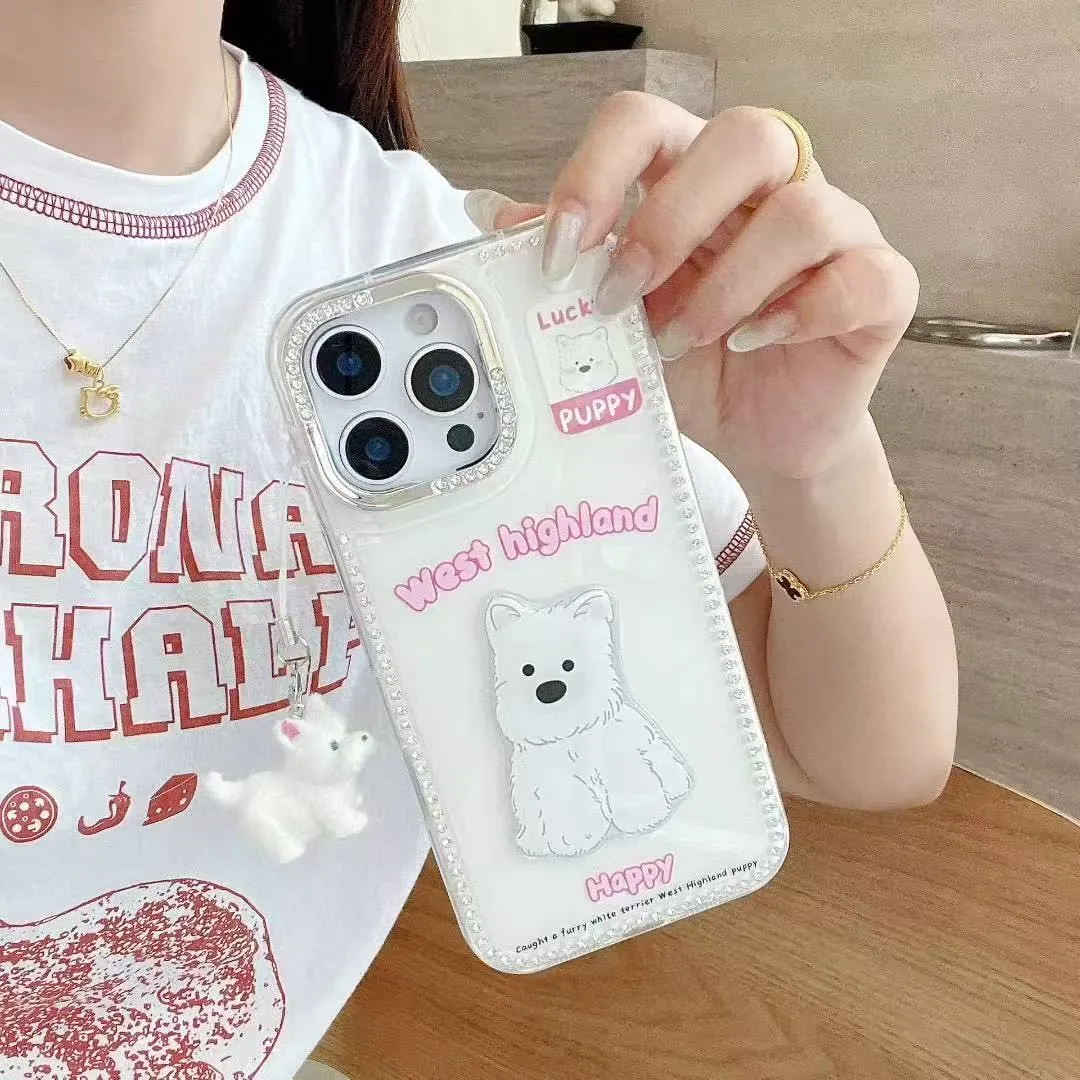 闪钻框立体贴片卡通白色小狗适用苹果16手机壳iphone15pro新款14创意13女16promax全包12防摔手机套创意个性 - 图片 4