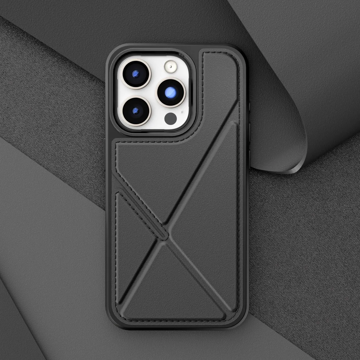 折叠支架插卡包皮套适用iPhone16Promax皮纹手机壳苹果15PROMAX简约防摔14pm可插公交地铁卡ip13皮革12保护套 - 图片 8