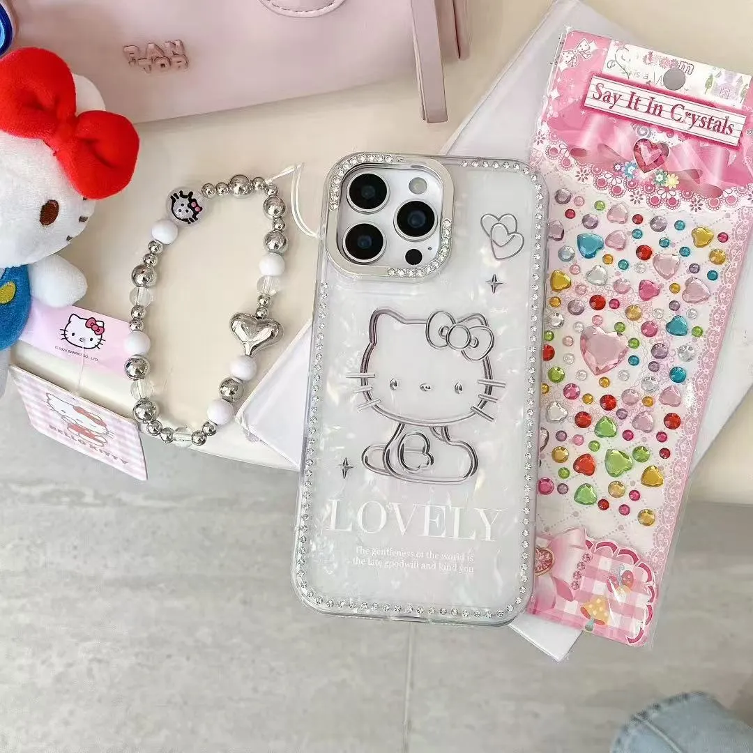 奢华高级感点钻贝壳纹KT猫适用于苹果16promax手机壳iphone15保护套14闪钻13防摔新款15pro可爱max手机套网红 - 图片 9