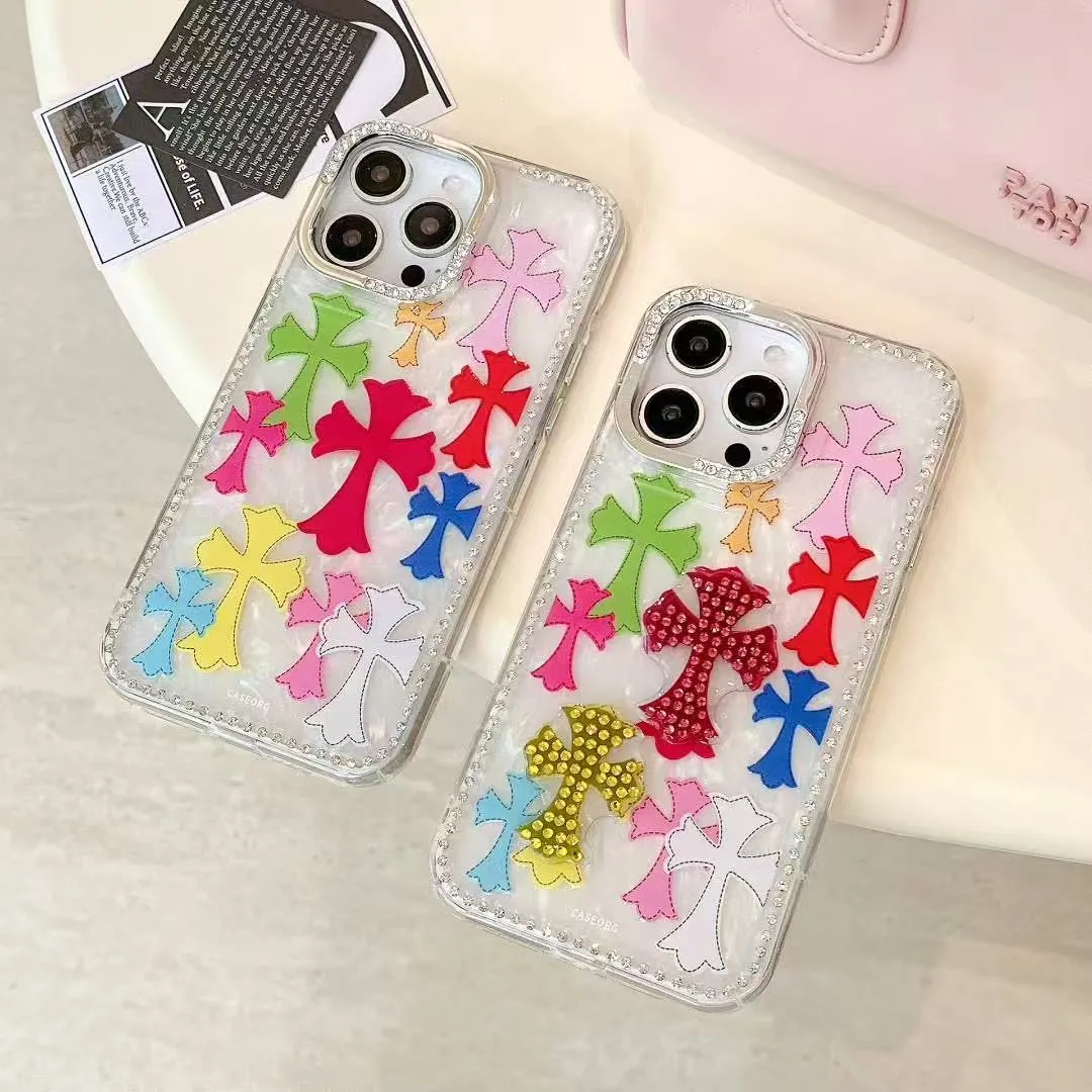 点钻十字架贝壳纹链条适用iphone16promax苹果15ProMax手机壳新款13卡通防摔14Promax保护套创意