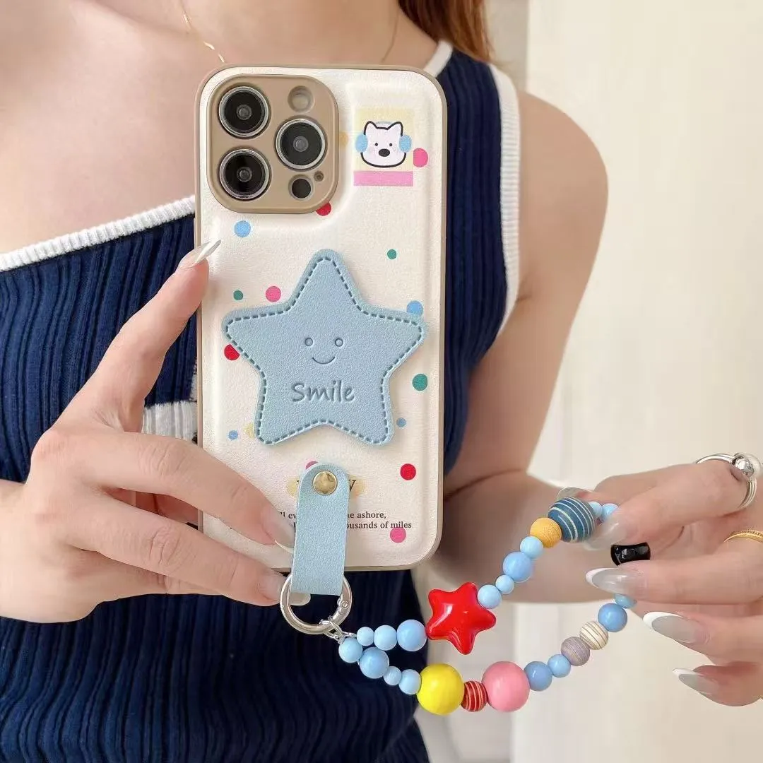 立体蓝星星适用苹果16promax手机壳新款iPhone15pro带手链斜跨16plus保护套时尚ins风韩系皮纹十六个性情侣 - 图片 2