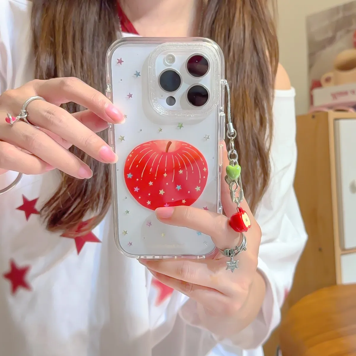 彩色星星红苹果适用iphone16promax苹果15Pro手机壳新款14防摔13手链保护套 - 图片 4