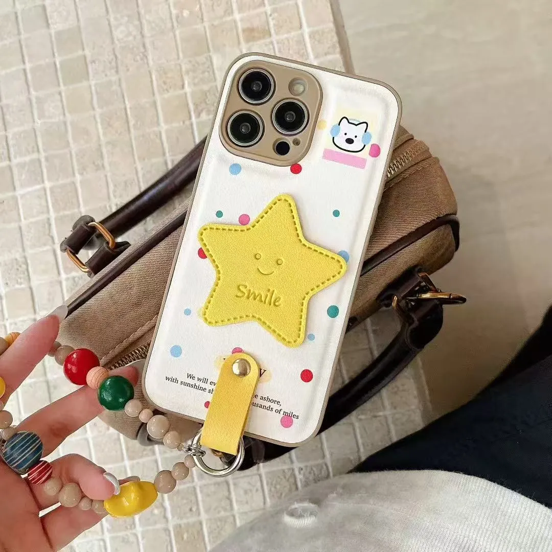 立体黄星星适用苹果16promax手机壳新款iPhone15pro带手链斜跨16plus保护套时尚ins风韩系皮纹十六个性情侣 - 图片 4