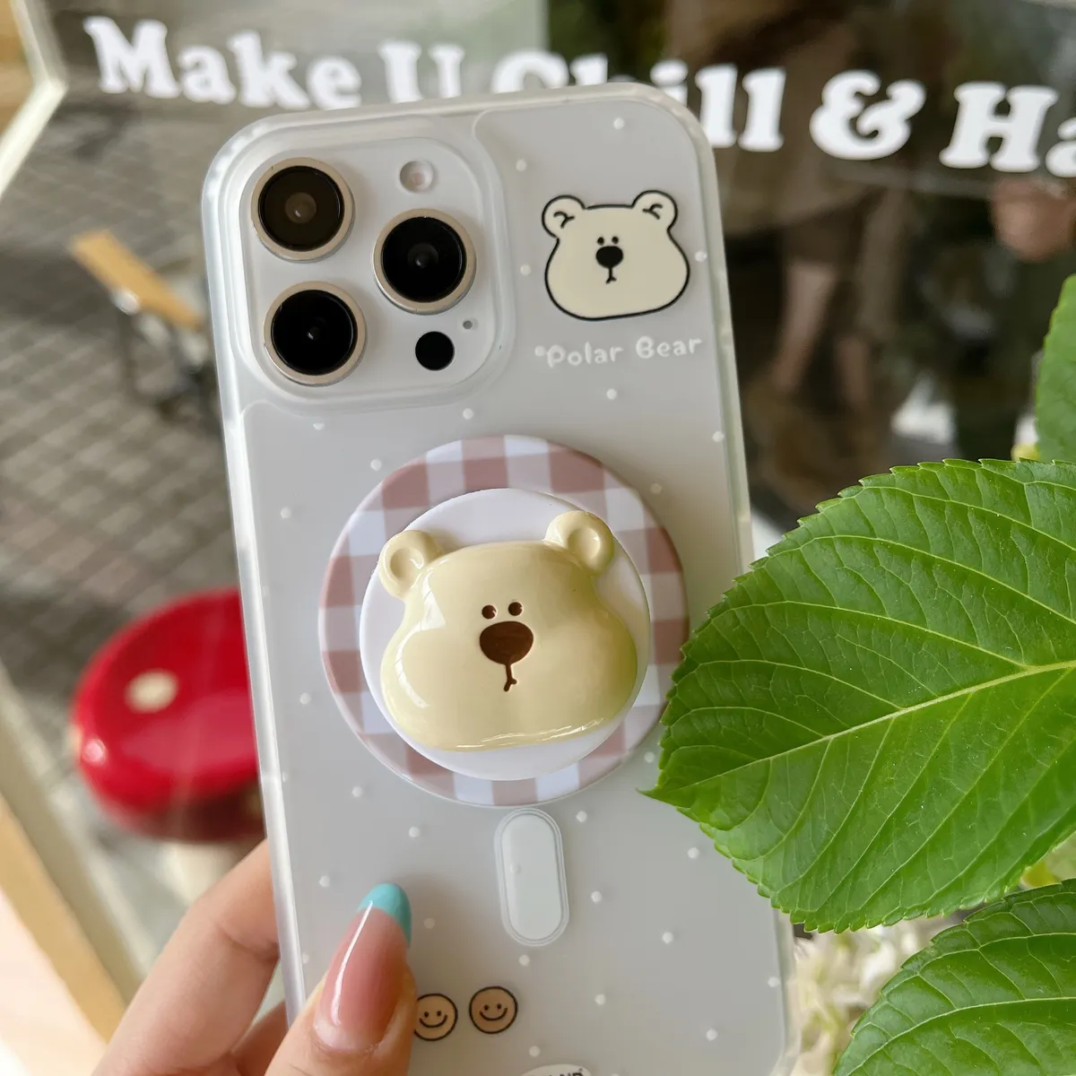 波点熊+磁吸立体格子熊支架适用苹果15Promax手机壳可爱卡通创意iPhone14网红2025超火女款16Promax全包保护套