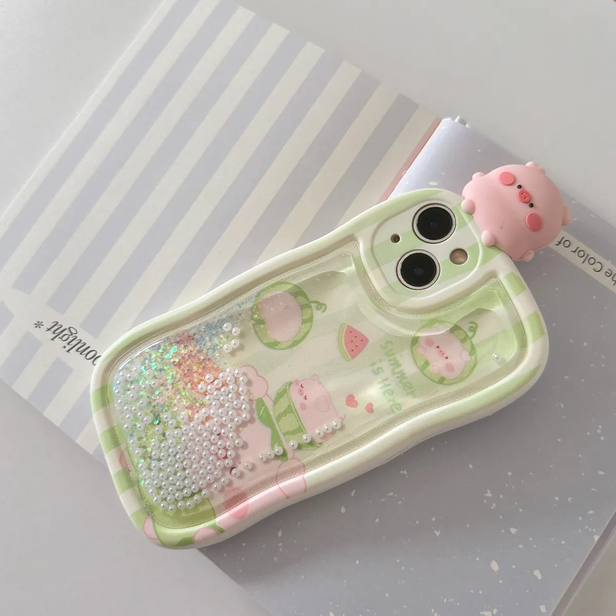 适用iphone14promax手机壳苹果13趴趴流沙绿底西瓜粉色小猪ins可爱唯美13pro max手机套15女款网红卡通14plus防摔16保护套