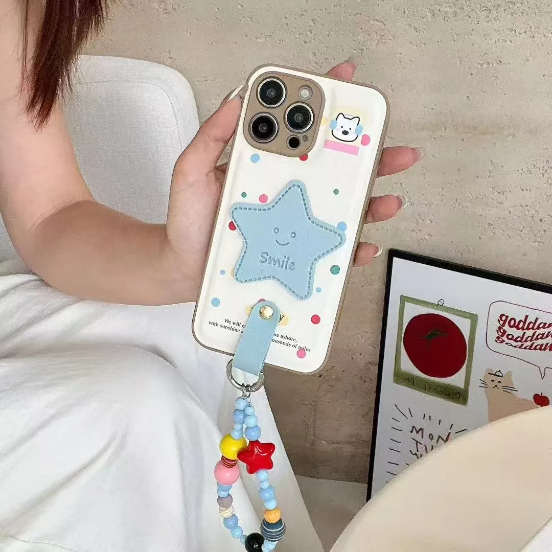 立体蓝星星适用苹果16promax手机壳新款iPhone15pro带手链斜跨16plus保护套时尚ins风韩系皮纹十六个性情侣