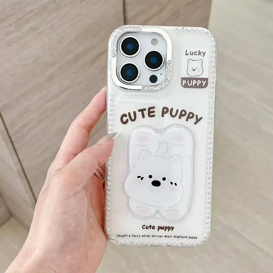 闪钻框立体贴片卡通白色小狗适用苹果16手机壳iphone15pro新款14创意13女16promax全包12防摔手机套创意个性