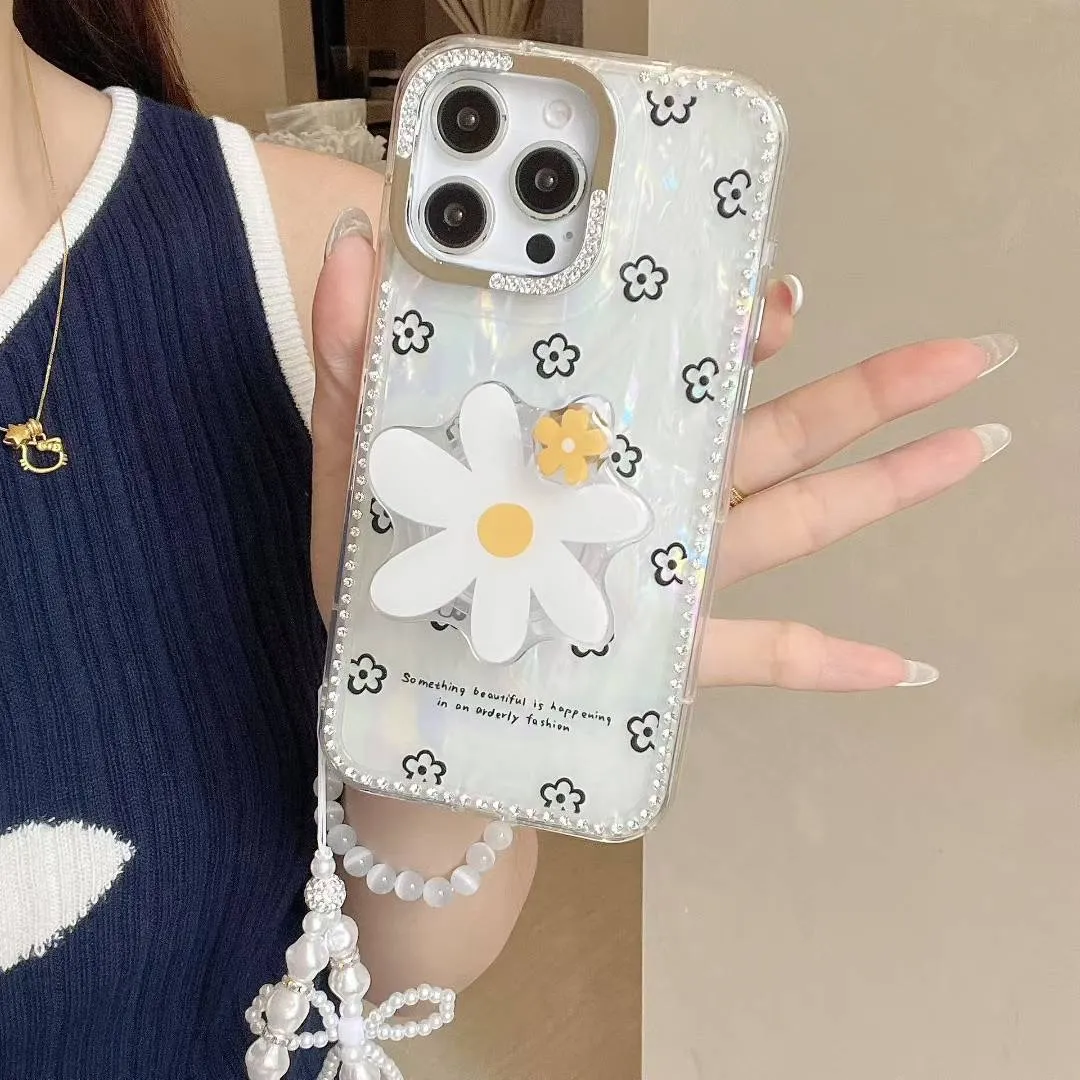 闪钻贝壳纹花朵旋转支架iPhone16/15手机壳适用苹果14/13promax硬壳12链条挂绳高级感小众日韩ins风新款 - 图片 3
