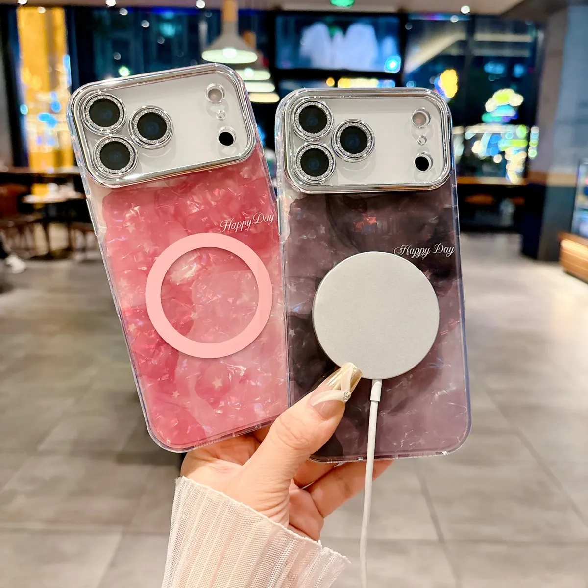 适用苹果系列iPhone17新款手机壳17pro16promax时尚贝壳纹磁吸14pro15promax银灰色闪粉镜头保护套 - 图片 12