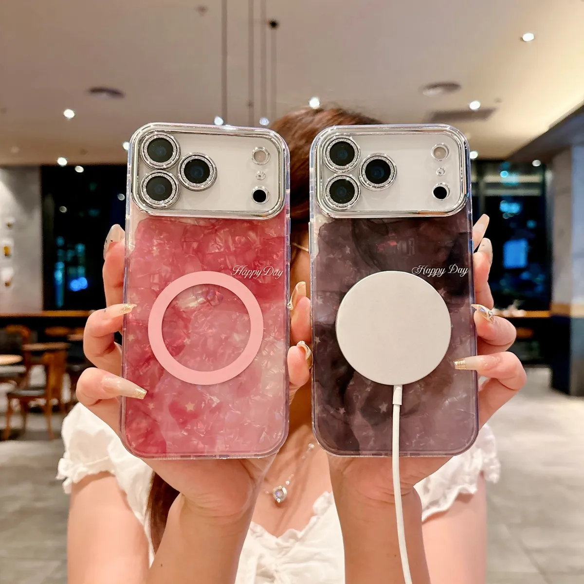 适用苹果系列iPhone17新款手机壳17pro16promax时尚贝壳纹磁吸14pro15promax银灰色闪粉镜头保护套 - 图片 10