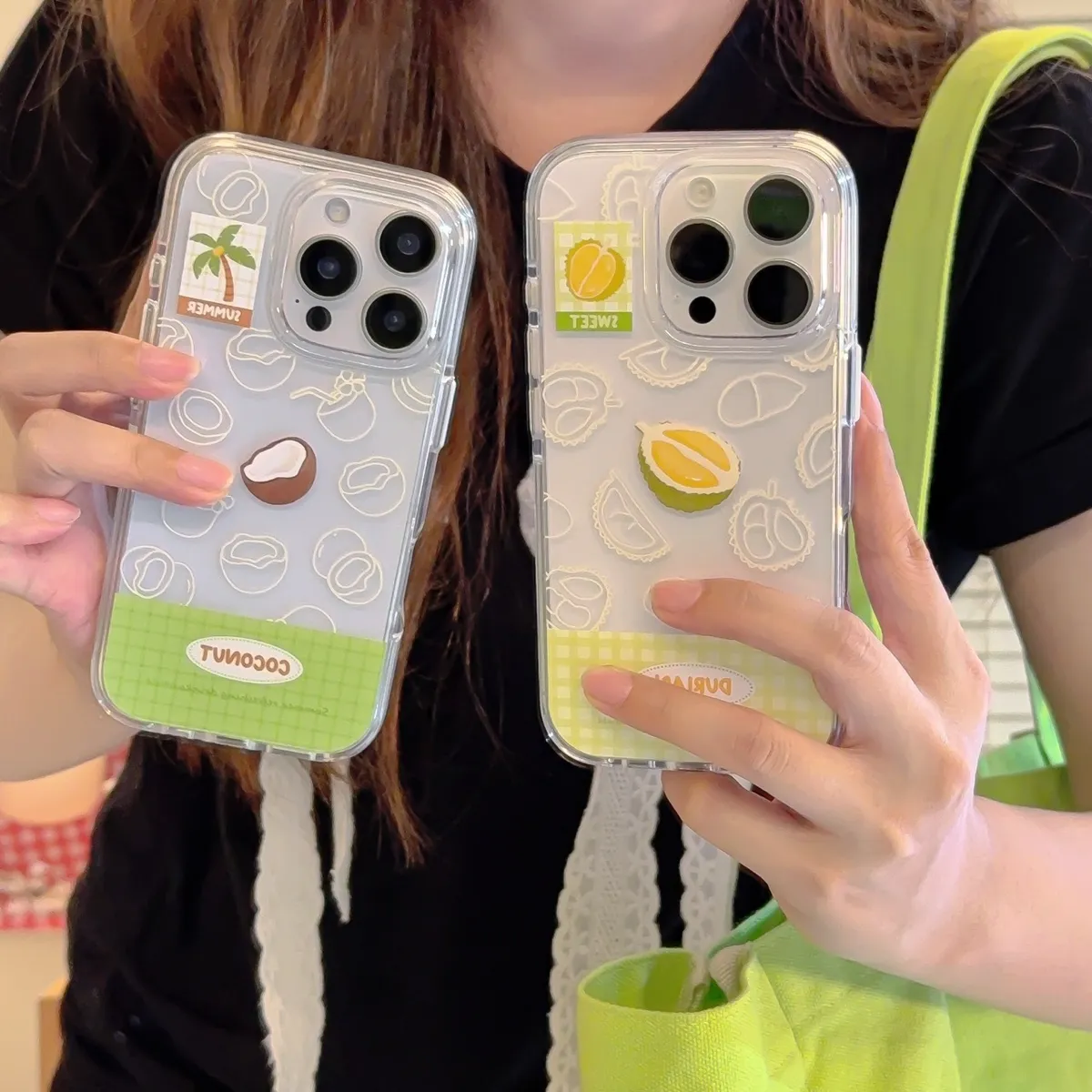 韩国ins绿色格纹榴莲椰子适用16pro苹果15ProMax手机壳iPhone14全包新款13保护套简约 - 图片 7