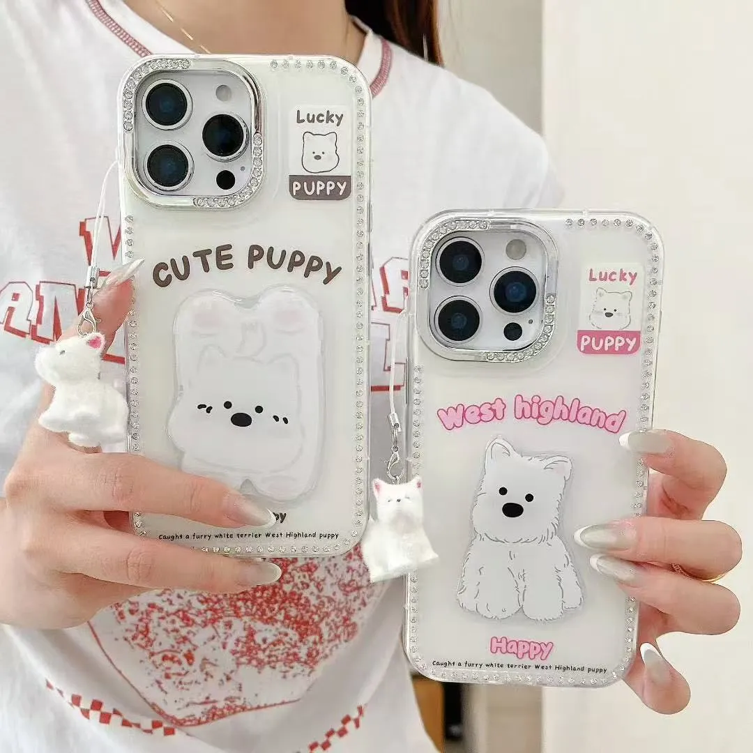 闪钻框立体贴片卡通白色小狗适用苹果16手机壳iphone15pro新款14创意13女16promax全包12防摔手机套创意个性 - 图片 6