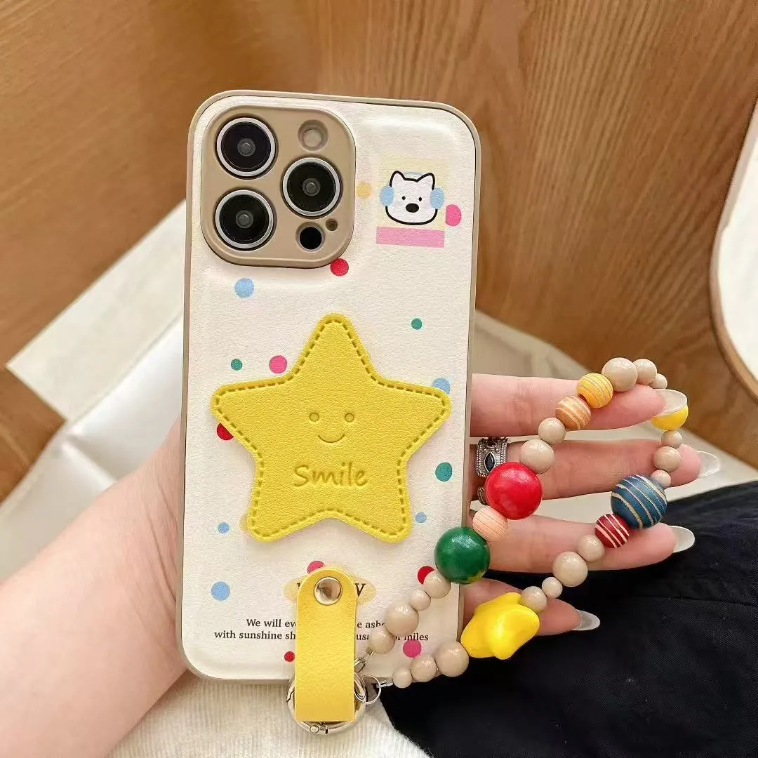 立体黄星星适用苹果16promax手机壳新款iPhone15pro带手链斜跨16plus保护套时尚ins风韩系皮纹十六个性情侣 - 图片 6