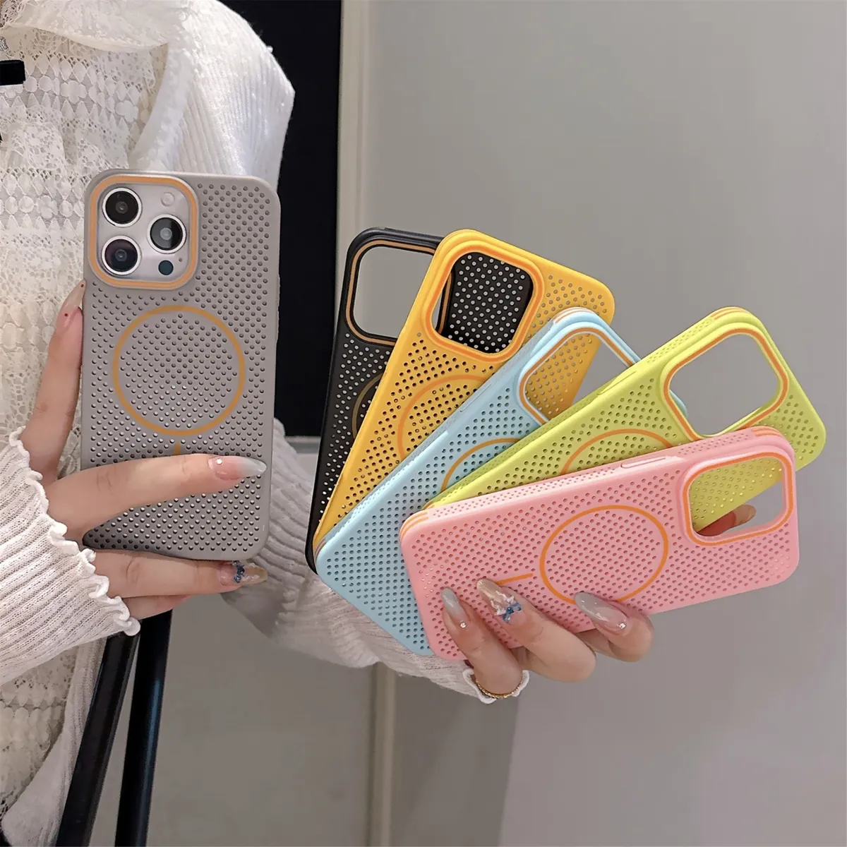 新款柔润撞色适用iPhone16ProMax手机壳夏日多孔散热苹果15pro无线细圈磁吸14潮流时尚13/12p男女创意保护套 - 图片 6