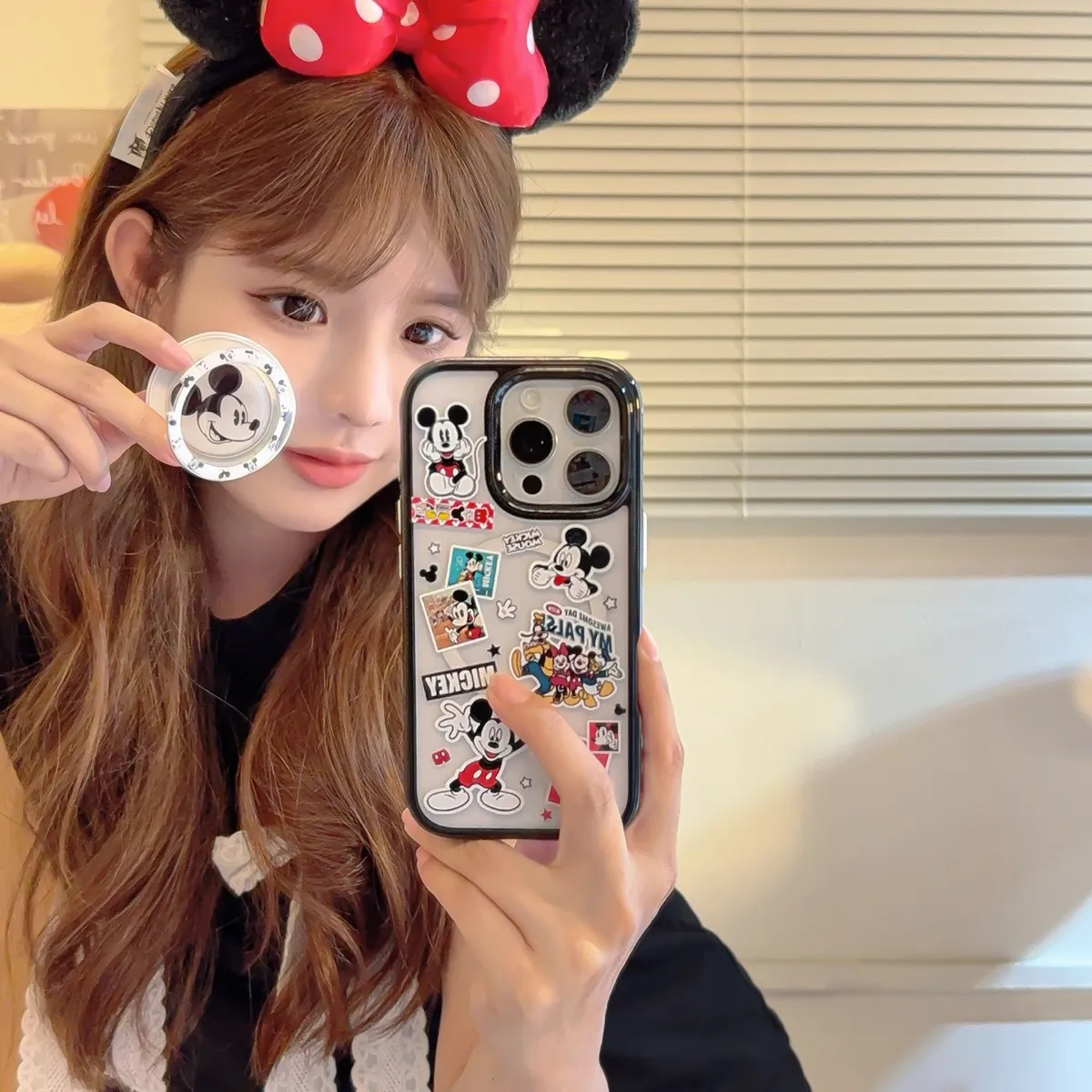 ins卡通米奇插画磁吸手机壳适用iPhone16promax手机壳苹果15新款透明14防摔简约13支架保护套