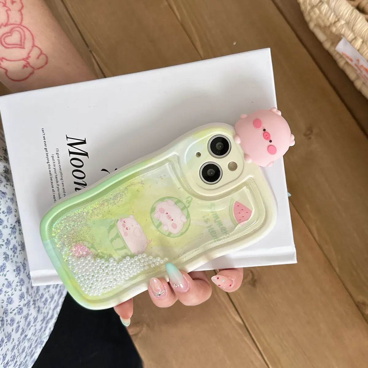 适用iphone14promax手机壳苹果13趴趴流沙绿底西瓜粉色小猪ins可爱唯美13pro max手机套15女款网红卡通14plus防摔16保护套 - 图片 4