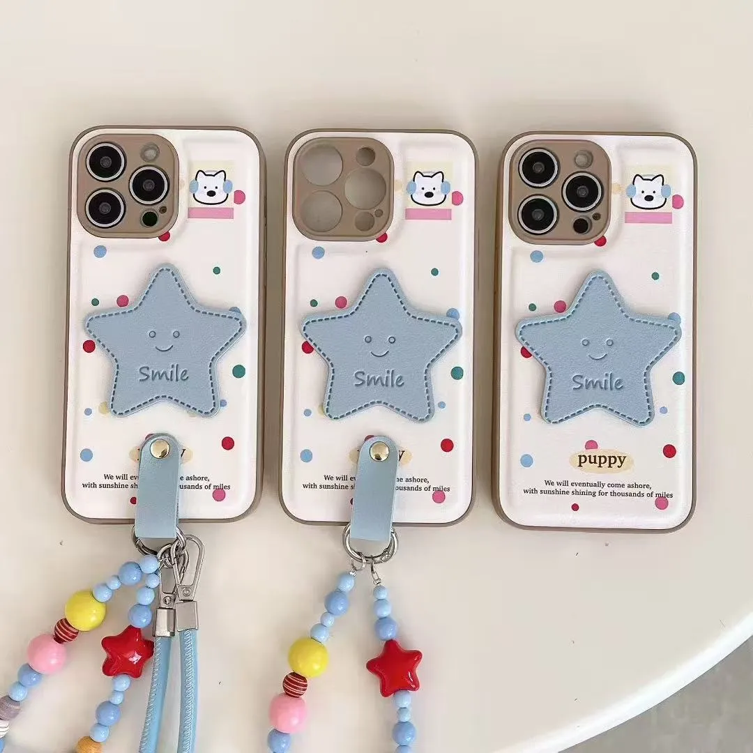 立体蓝星星适用苹果16promax手机壳新款iPhone15pro带手链斜跨16plus保护套时尚ins风韩系皮纹十六个性情侣 - 图片 5