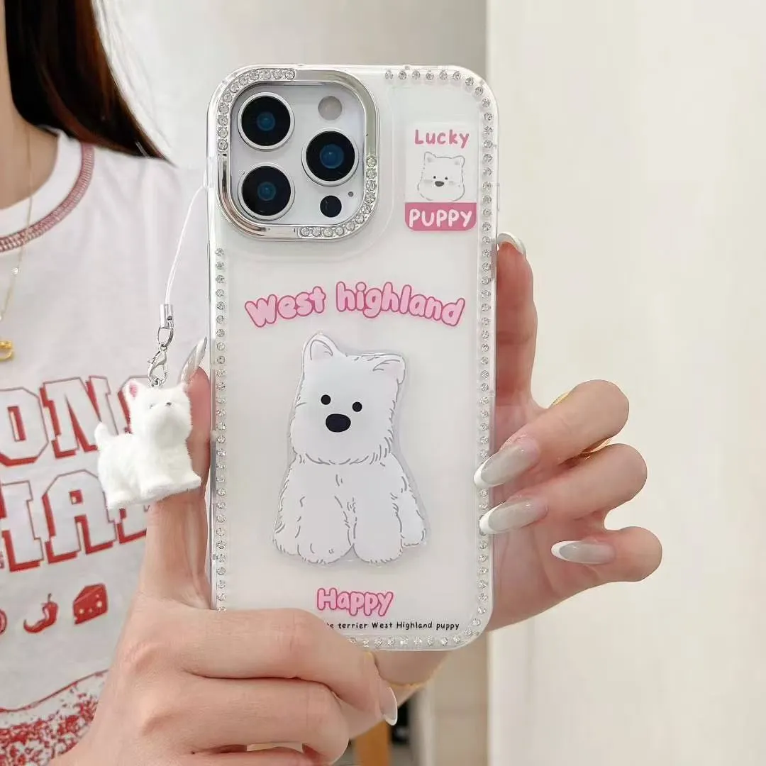 闪钻框立体贴片卡通白色小狗适用苹果16手机壳iphone15pro新款14创意13女16promax全包12防摔手机套创意个性 - 图片 3