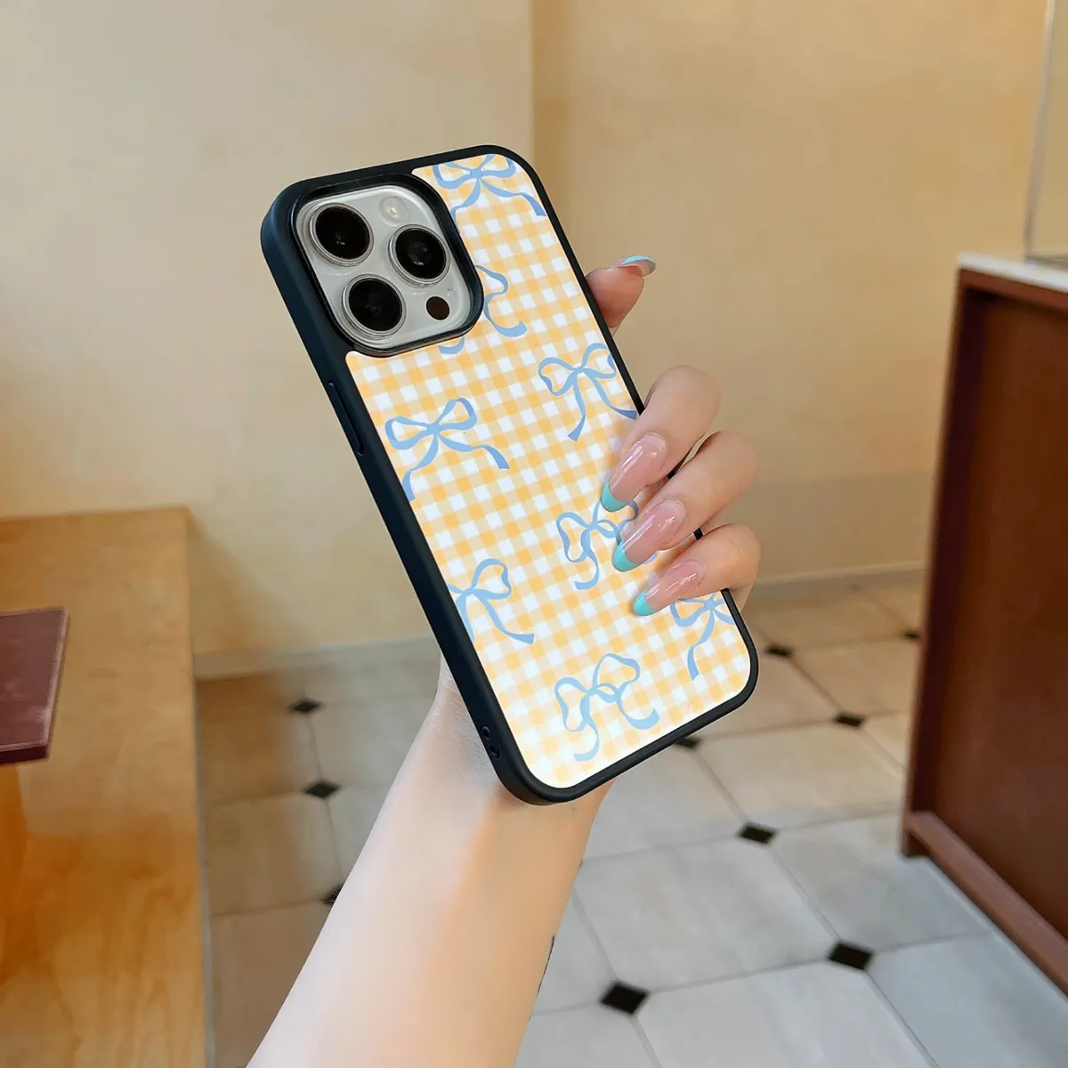 黑边黄白格蓝蝴蝶结适用于苹果16ProMax手机壳韩风小众少女心iPhone15新款简约高级感13ProMax防摔保护套 - 图片 7