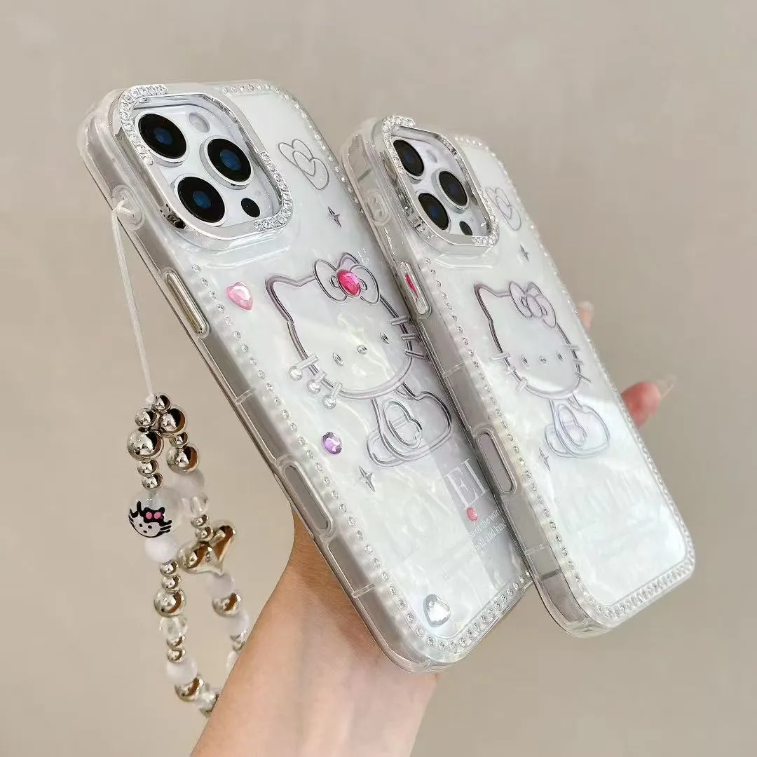 奢华高级感点钻贝壳纹KT猫适用于苹果16promax手机壳iphone15保护套14闪钻13防摔新款15pro可爱max手机套网红